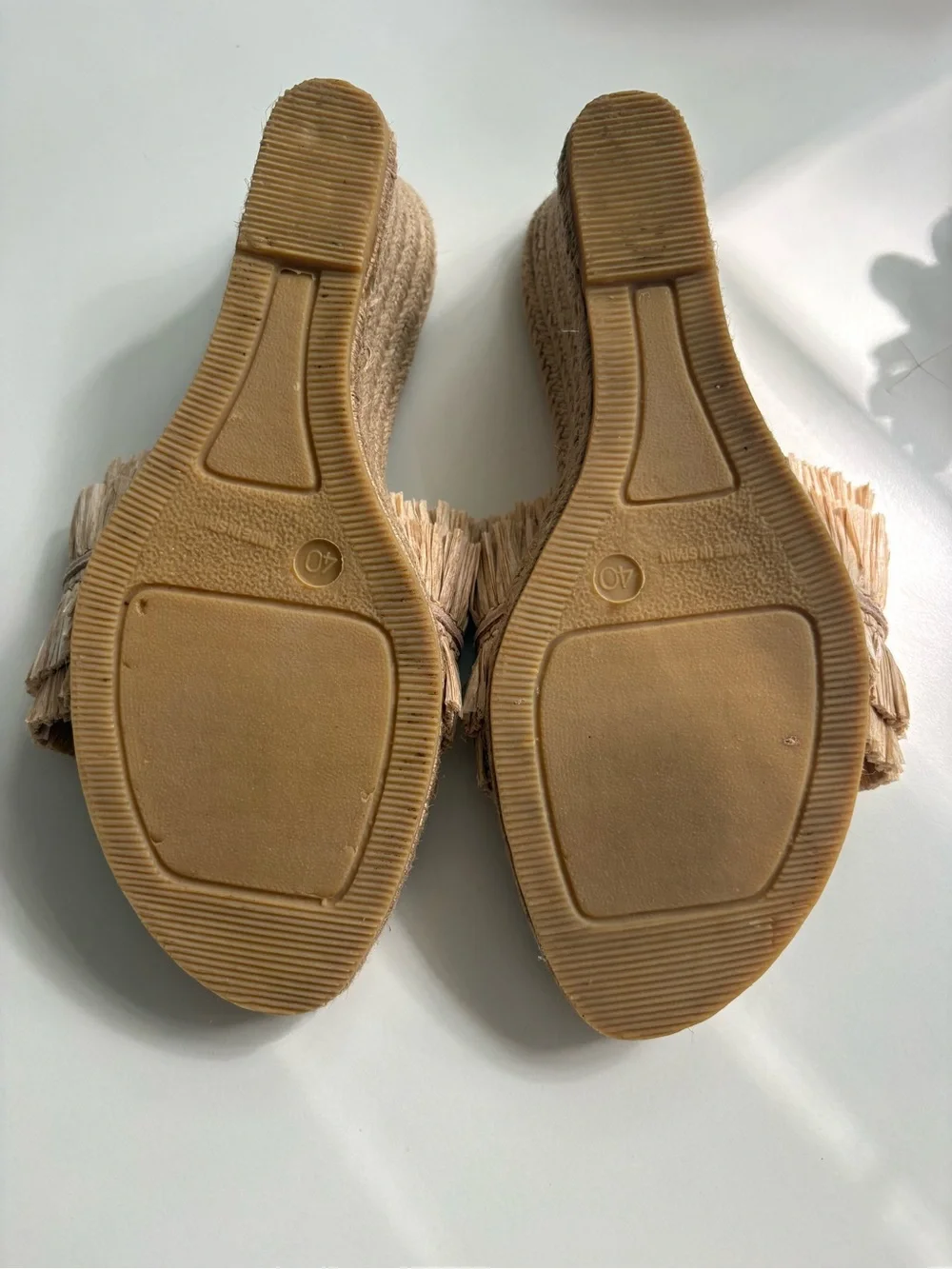 Warehouse Beige Raffia Fringe Wedge Slide Sandals